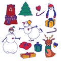 Christmas doodles set with with deer with scarf, Christmas tree, candy, bear, cakes, toys, gifts and socks. Template for
