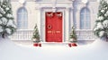 Christmas door decoration. Entrance to suburban house decorated with wreath, bells, garland lights Royalty Free Stock Photo