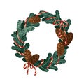 Christmas door wreath design with fir cones, twine ribbon and tied bows. Xmas circle decoration, festive winter decor