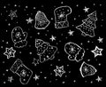 Christmas drawing depicting felt boots, mittens, bells, Christmas trees, stars and snowflakes in white on a black background