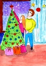 Christmas drawing in watercolor by hand on paper. Family happy couple decorates the Christmas tree in the room Royalty Free Stock Photo