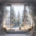 Christmas Dreamy romantic white room withbig window , elegant , white and gold