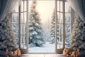 Christmas Dreamy romantic white room withbig window , elegant , white and gold