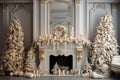 Christmas Dreamy romantic white room with fireplace, elegant , white and gold