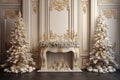 Christmas Dreamy romantic white room with fireplace, elegant , white and gold