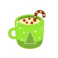 Christmas drink in cozy mug. Cup of hot cocoa with candy cane and cookie for New Year menu and other design