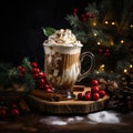 A Christmas coffee drink in a glass cup with holiday decoration Royalty Free Stock Photo