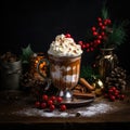 A Christmas drink in a glass cup with red berries for decoration Royalty Free Stock Photo