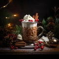 A Christmas drink in a glass cup with cinnamon sticks and red berries Royalty Free Stock Photo