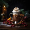 A Christmas drink in a glass cup with fruits and candles Royalty Free Stock Photo