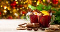 Christmas drink. Glasses of hot mulled wine with oranges, anise and cinnamon Royalty Free Stock Photo