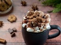 Christmas drink Hot chocolate with marshmallow and cinnamon sticks, cookies. Christmas winter concept. Close up Royalty Free Stock Photo