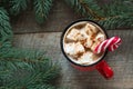Christmas drink. Hot chocolate with marshmallows and candy cane on the wooden background. Hot cocoa with marshmallows. New Year. H Royalty Free Stock Photo