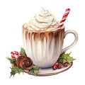 Christmas drink hot chocolate watercolor illustration on white background