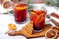 Christmas drink, mulled wine with orange, cinnamon and cloves