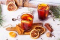 Christmas drink, mulled wine with orange, cinnamon and cloves