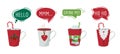 Christmas drinks. Hot winter cocoa chocolate with speech bubbles, festive coffee cups vector stickers