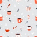 Christmas drinks seamless pattern. Hot chocolate, cute mugs cappuccino and coffee. Cozy winter holidays beverages snugly Royalty Free Stock Photo