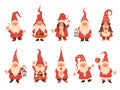 Christmas dwarfs. Adorable gnomes in red white costumes with lanterns, fairy tale funny characters in hats with xmas