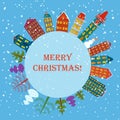 Christmas earth holiday background. Round Banner with trees, cartoon houses and snowman. Christmas planet city town card