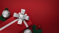 Christmas elegant gift box with a gold ribbon, red flat background. 3D Render