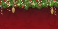 Christmas elegant red bright background with snowflakes decorated fir branches, holly berries, baubles cones and golden ribbons.