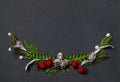 Christmas elegant wreath on black background, top view Royalty Free Stock Photo