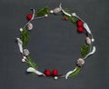 Christmas elegant wreath on black background, top view Royalty Free Stock Photo