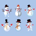 Christmas element design with a set of happy snowmen. Winter snowmen collection with neck muffler, tree branch, carrot nose,