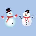 Christmas element design with two happy snowmen. Winter snowmen design with neck muffler, tree branch, carrot nose, gloves, hat,