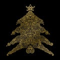 Christmas element for holiday card. Gold Christmas tree on black background. Vector Illustration. Royalty Free Stock Photo