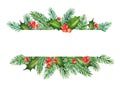 Christmas element with watercolor branches of holly and pine tree Royalty Free Stock Photo