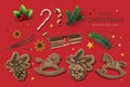 Christmas elements collection. Vintage wooden toys, rocking horse, candy stick, holy berry, fir tree branch, stars