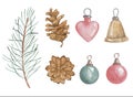 Christmas elements collection in watercolor painting style. Cones, Christmas tree toy