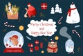 Christmas Elements for Design. New Year Items And Characters. Holiday Stickers. Cartoon Bear, envelope, santa claus, dog Royalty Free Stock Photo