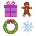 Christmas Elements Flat Illustration Collection with Gingerbread, Snowflake, Gift Box and Wreath Vector Royalty Free Stock Photo