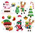 Christmas elements flat vector set with santa claus, elf and reindeer characters Royalty Free Stock Photo