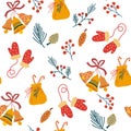 Christmas elements seamless pattern. Bells, mittens, bag of sweets, cones, berries and twigs. Cozy winter holidays. Winter Royalty Free Stock Photo