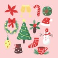 Christmas elements set in flat style isolated vector illustration. Winter romantic items for greeting designs. New year