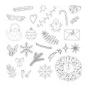 Christmas elements set holly plant, snowflake, gingerbread, fir-tree, garland, decoration hand drawn in simple doodle style Royalty Free Stock Photo