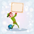 Christmas Elf Boy Cartoon Character Santa Helper Hold Empty Sign Board Banner Royalty Free Stock Photo