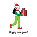 Christmas elf is carries a gift. Happy new year card. A girl in a red cap with a big present. Royalty Free Stock Photo