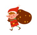 Christmas elf carry bag with gifts vector flat illustration. Cute little Santa helper going with huge sac full of Royalty Free Stock Photo