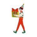 Christmas Elf Character Carrying Gift Box, Cute Boy Santa Claus Helper Vector Illustration Royalty Free Stock Photo