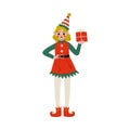 Christmas Elf Character Carrying Gift Box, Cute Girl Santa Claus Helper Vector Illustration Royalty Free Stock Photo