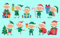 Christmas elf character. Cute Santa Claus helpers elves. Funny Xmas winter baby dwarf characters vector set Royalty Free Stock Photo