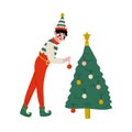 Christmas Elf Character Decorating Christmas Tree, Cute Boy Santa Claus Helper Vector Illustration