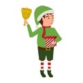 Christmas elf character holding bell and box with present in cartoon style isolated on white background. Winter holidays Santa Royalty Free Stock Photo