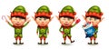 Christmas elf character vector set. Boy elves 3d characters waving, holding and giving candy cane gifts for cute santa`s dwarfs.