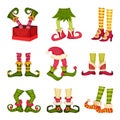 Christmas Elf Feet. Dwarf Legs Wearing Funny Striped Socks and Boots